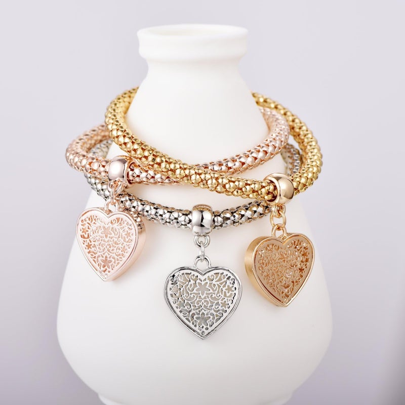 SILANER Crystal Charms Multilayer Bracelets - 3PCS Gold/Silver/Rose Gold Corn Chain Bracelet for Women, Tree of Life Heart Shaped Stretch Bracelet - Image 5